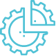 Icona stilizzata raffigurante un ingranaggio e un grafico a torta parziale. L’ingranaggio simboleggia un processo o funzionamento meccanico, mentre la sezione di grafico indica dati o analisi.
