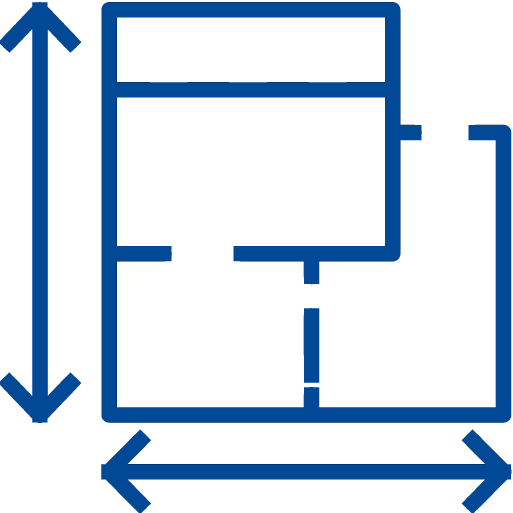 Icona stilizzata di un edificio con planimetria e righelli, su sfondo blu chiaro; rappresenta servizi architettonici e pianificazione degli spazi commerciali.