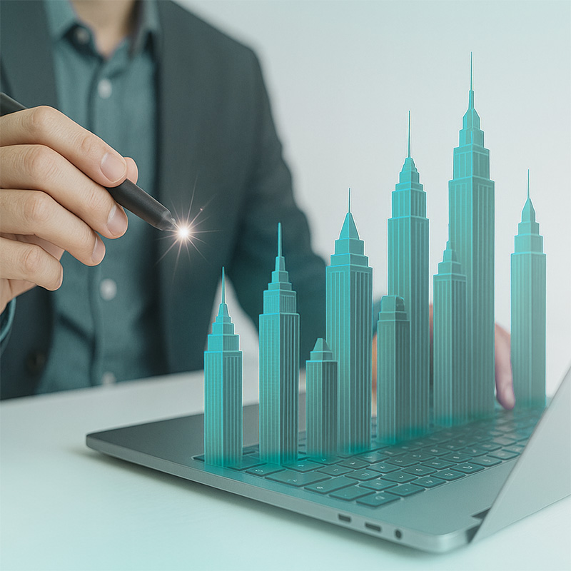 Sovrapposizione di due figure umane (una maschile e una femminile), affiancate e sfumate, con un effetto di trasparenza. In secondo piano, un ambiente urbano moderno con grattacieli, sfocato. L’atmosfera complessiva evoca visione e mission aziendale in un contesto professionale