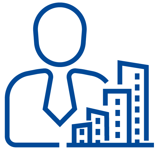 Icona stilizzata di un edificio con un lucchetto, su sfondo celeste chiaro; rappresenta la gestione sicura e centralizzata degli asset aziendali.