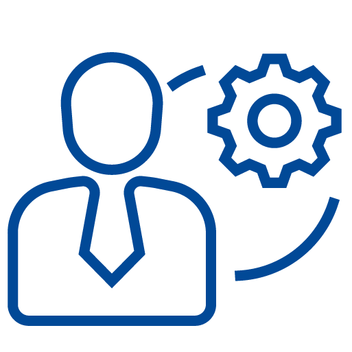 Icona stilizzata di un edificio con un ingranaggio, su sfondo celeste chiaro; simboleggia la gestione e l'ottimizzazione delle strutture aziendali.