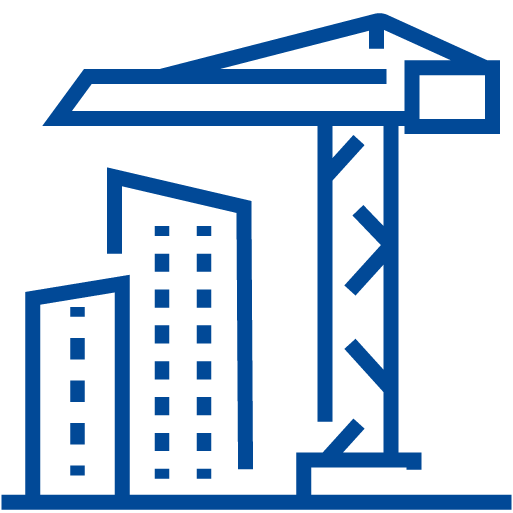 Icona stilizzata di un edificio con elementi digitali, su sfondo celeste chiaro; rappresenta il settore immobiliare e delle costruzioni innovative.