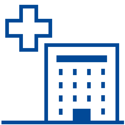 Icona stilizzata di un ospedale con simboli digitali, su sfondo celeste chiaro; rappresenta il settore sanitario e l'innovazione tecnologica.