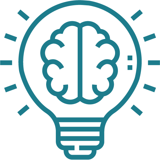 Lampadina stilizzata contenente al centro una rappresentazione di un cervello con venature sinaptiche. Attorno alla lampadina emanano piccoli raggi luminosi, evocando un’idea o un’intuizione.