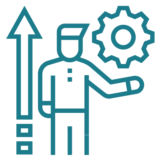 Figura stilizzata di una persona in piedi, che regge nella mano destra un ingranaggio e accanto presenta una freccia verso l’alto